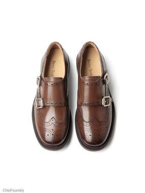 Women's Monk Strap Loafers Brogue Cap Toe Business Casual Leather Shoes